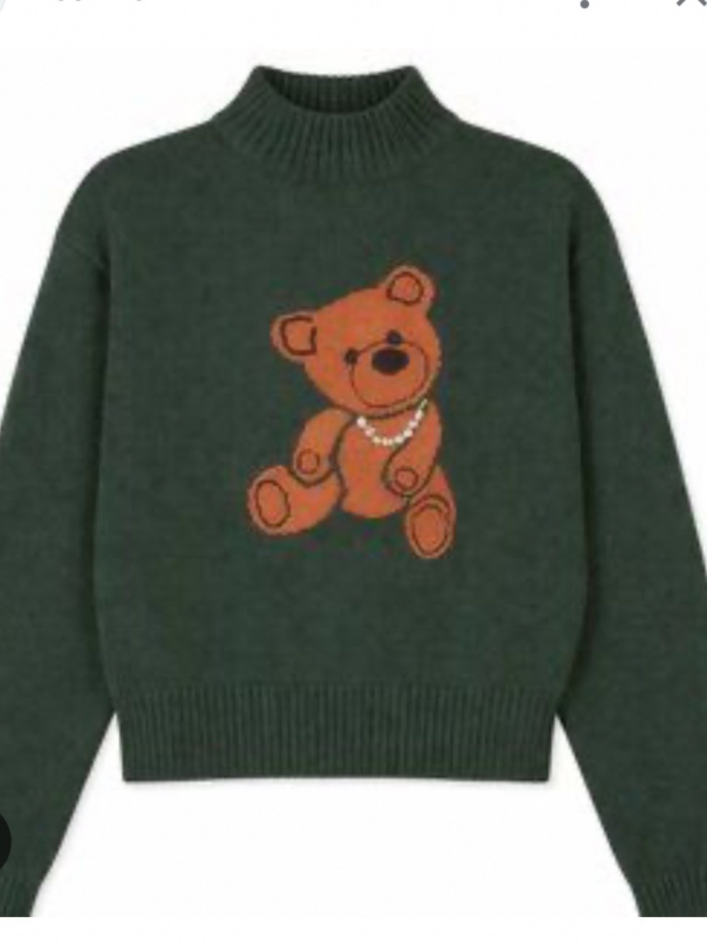 English Factory Forest Green Sweater with Orange Bear Motif Small